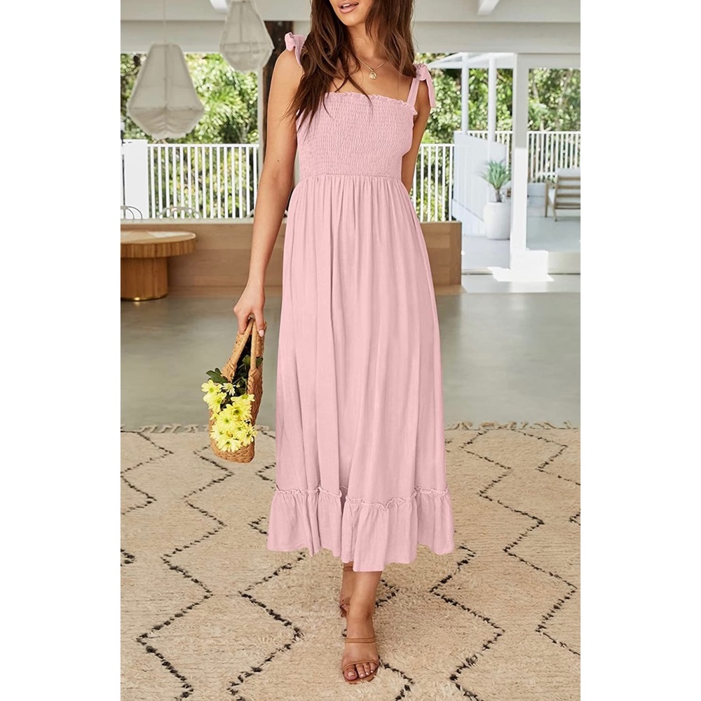 Light Pink Boho Square Neck Maxi Dress